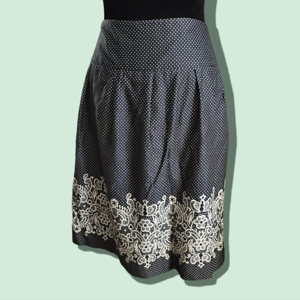 Ann Taylor Loft Cotton Skirt Black and White Polka Dots & Border Print 10 Petite